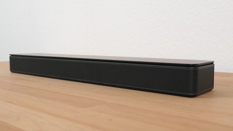 Oblique view of Bose TV speaker with grille surface